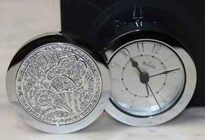 Bulova Small Round Quartz Alarm Clock Hinged Crystal Floral Cover Travel Desktop - Picture 1 of 12