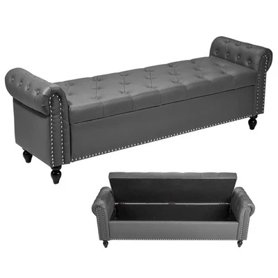 VEVOR Button-Tufted Storage Ottoman Bench Rolled Arm PU Leather Wood Legs Gray - Image 1 of 4