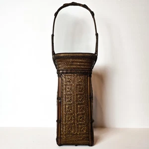 Antico Cesto Ikebana Giapponese Bambù Alto Tessuto Esagonale Composizione Fiori Vaso - Foto 1 di 24