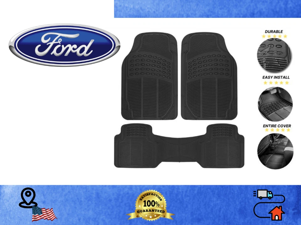 Alfombrillas delanteras y traseras de goma negras resistentes para todos los coches Ford 3 piezas Foto 1 de 4