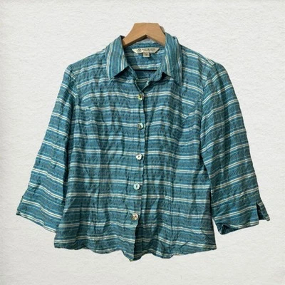 Blusa Austin Reed Azul Rayas Mezcla Seda Talla 8 Abotonada India Boho Costera Foto 1 de 4