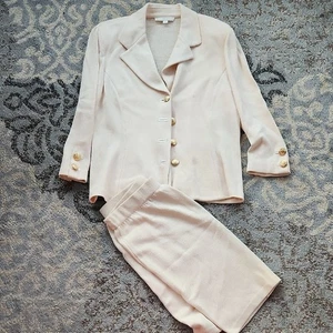 Vintage St. John Basics Santana Knit 2 Piece Set Off White Jacket Skirt Suit 14 - Picture 1 of 14