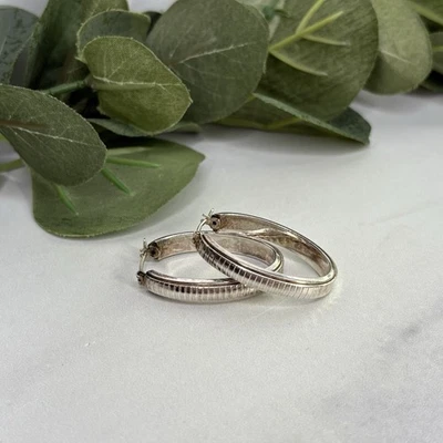 Vintage Sterling Silver Italy Large Grooved Oval Hoop Earrings - Image 1 of 4