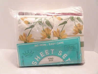 Vtg Coordinated 4 Piece King Bed Sheet Set USA Made Yellow Floral Burlington NOS - Image 1 of 4