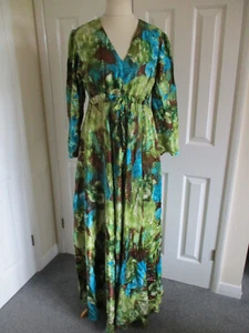 Handmade - Retro blue/green/brown silky feel empire line long dress - Size L - Picture 1 of 8