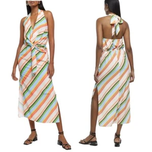 River Island Stripe Halter Dress Size 10 Boho Hippie Colorful Retro 70s Tropical - Picture 1 of 10