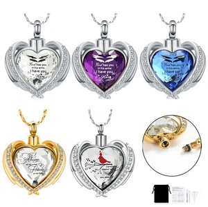 Angel Wings Cremation Jewelry for Ashes Pendant - Crystal Heart Ash Urn Necklace - Picture 1 of 50