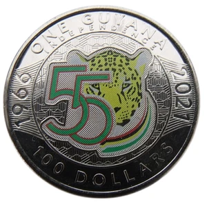 GUYANA 100 DÓLARES 2021 55 AÑOS DE LA INDEPENDENCIA - GATO JAGUAR - COLOR UNC - Imagen 1 de 2