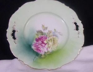Vintage Double Handle  Floral Green Porcelain 10.25" Cake Plate gold trim. - Picture 1 of 8
