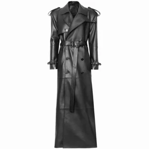 Real Leather Coat Long Black Trench Jacket Women Floor Length Size S M L XL 2XL - Picture 1 of 4