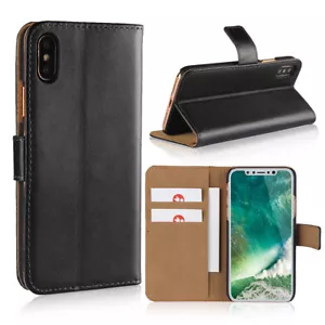 Funda de gel con soporte de cuero real negra con ranura para tarjetas para iPhone X/XR/11/12/13 de Apple - Imagen 1 de 8