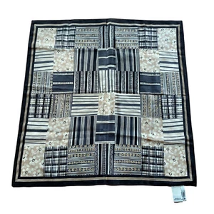 Sciarpa Nero Marrone Bianco August Max Square 21x21” 100% Seta Righe Fiori - Foto 1 di 5