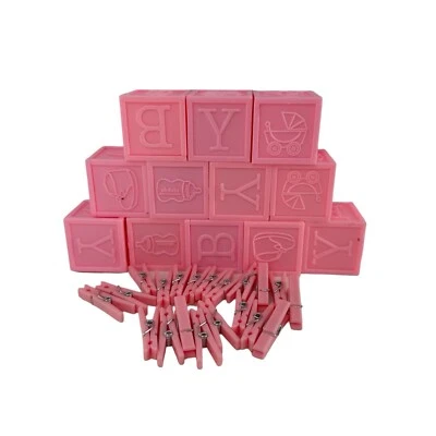 Baby Shower 2" Plastic Blocks Favors Party Decoration Pink Girl Clothespins a - Image 1 of 4