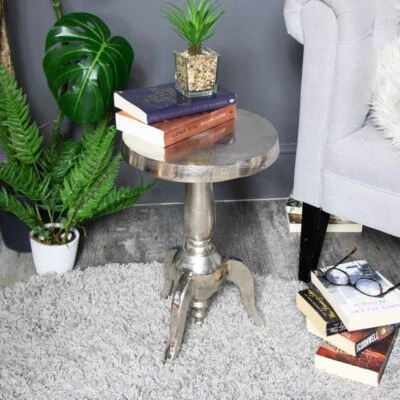 Small Silver Round Side Table vintage bedside coffee table lamp table vintage - Image 1 of 3
