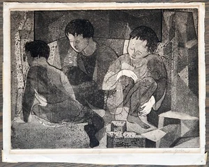 Vintage 60er Jahre Modernist Radierung original signiert Kunst Figuren Männer Frauen funktionstüchtig - Bild 1 von 6