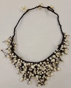 Vintage Adjustable 12-14" Dark Brown Woven Macrame Baroque Pearl Choker Necklace - Picture 1 of 7