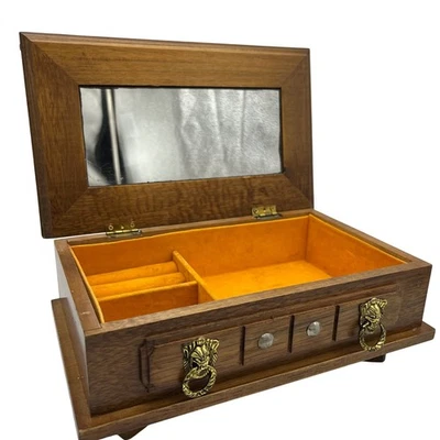 Vintage Wooden Jewelry Box with Mirror Lion Head Pulls Decorative Accents - Image 1 of 4