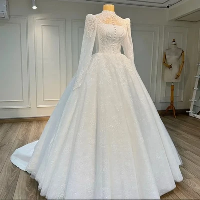 Sparkly Princess Muslim Caftan Wedding Dresses Gillter Lace Applique High Neck  - Image 1 of 4