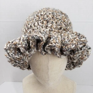 Crochet Ruffle Bucket Hat Beige Handmade Floppy Boho Casual Festival Neutral - Picture 1 of 17