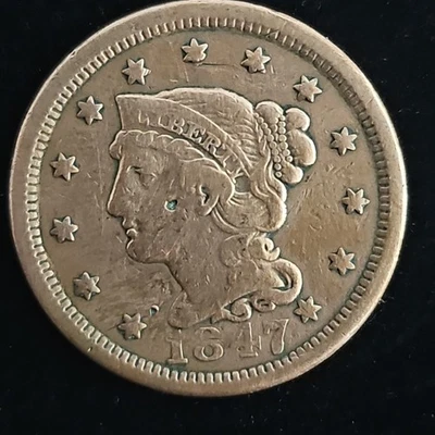 Moeda de 1 centavo 1847 cabelo trançado cabeça liberdade grande #C10 - Imagem 1 de 2