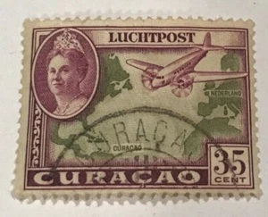 Netherlands Curacao Luchtpost Purple Air Mail Stamp 35 Cent Queen Wilhelmina  - Picture 1 of 2