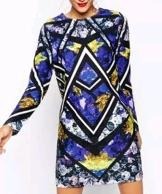 ASOS Quilted Mini Dress Woman Sz 10 Blue Floral Abstract Geometric Cottage Artsy - Image 1 of 4