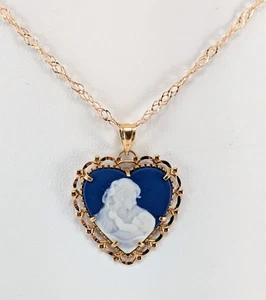 Ciondolo cuore cameo madre e bambino oro 14K, catena Singapore 20 - Foto 1 di 6