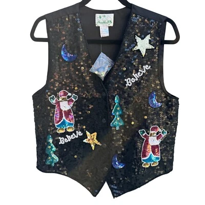 The Quacker Factory Vintage Black Holiday Santa Tree Snap Closure Sequin Vest S - Image 1 of 4