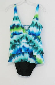 Tropical Escape Womens Ikat Tie Dye 3 Tier Fauxkini Swimsuit Blue Sz 8 - NWT - Picture 1 of 1