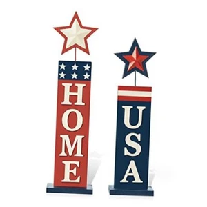 Glitzhome Set of 2 Patriotic Wooden Signs"Home USA" American Flag American Star - Picture 1 of 7