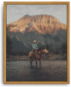 Framed Canvas Wall Art Vintage Print Oil Paintings Western Cowboy Mid Century... - Picture 1 of 6