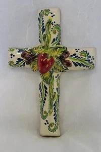 Handcrafted Cross Crucifix Religous 3D Heart Vtg Ceramic Glazed Mexican Pottery - Picture 1 of 11