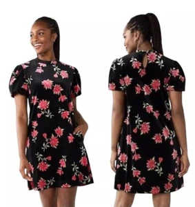 Draper James RSVP Puff Sleeve Floral Printed Velvet Dress Pockets Size Large Red - Picture 1 of 9