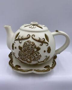 Partylite Bisque Ivory & Gold Rose Teapot And Saucer Rare  T Light Holder