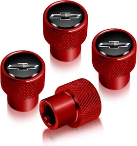 Chevrolet Black Logo Red Aluminum Tire Valve Stem Caps - Set of 4 - Picture 1 of 12