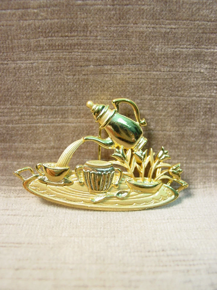 Juego de té prendedor de peltre dorado brillante y mate "JJ" Jonette Jewelry 'Afternoon TEA Time' Foto 1 de 1