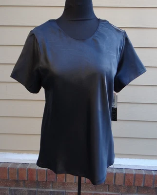 全新 ESCAPADES 1980 年代复古女式黑色缎面短袖 L 码上衣  — 第 1/4 张图片