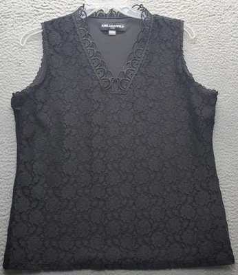 Karl Lagerfeld Paris Tank Top Womens XL Black Lined Lace Overlay Stretch V-Neck - Image 1 of 4