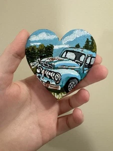 Original Art Old Truck Heart Acrylic Canvas Refrigerator Magnet Size 3” Artwork - Picture 1 of 3
