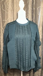 Calligraphie Women Top Medium Datk Green 100%Polyester Long Sleeve Ruffle Blouse - Picture 1 of 5