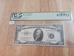 1953 $10 SILVER CERTIFICATE NOTE CURRENCY FR.1706 AA Block PCGS Choice New 63PPQ - Picture 1 of 9