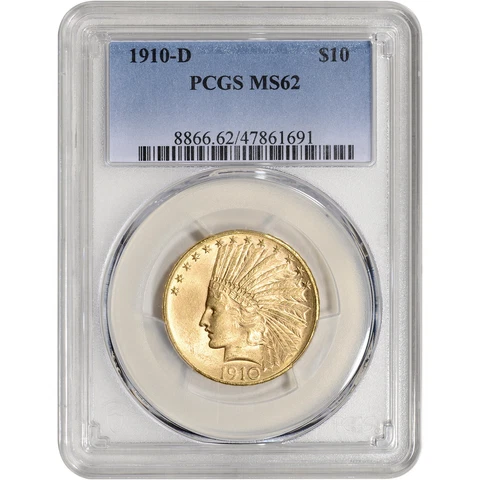 1910 D US Gold $10 Indian Head Eagle - PCGS MS62 Cover