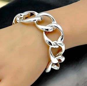925 STERLING SILVER CURB LINK BRACELET 7.5" LIGHTWEIGHT SPRING RING CLASP 1552 - Picture 1 of 5