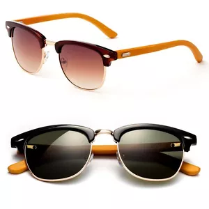"Gafas de sol vintage de medio marco lentes REAL madera de bambú templo retro geniales ""Louise" - Imagen 1 de 11