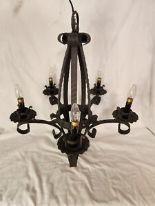 Vintage Spanish Colonial / Gothic Black Wrought Iron Hanging Chandelier