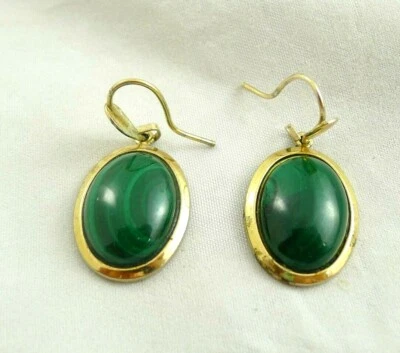 VINTAGE ORECCHINI MALACHITE CABOCHON   ARGENTO 800 POSSIBILE PARURE - Immagine 1 di 3