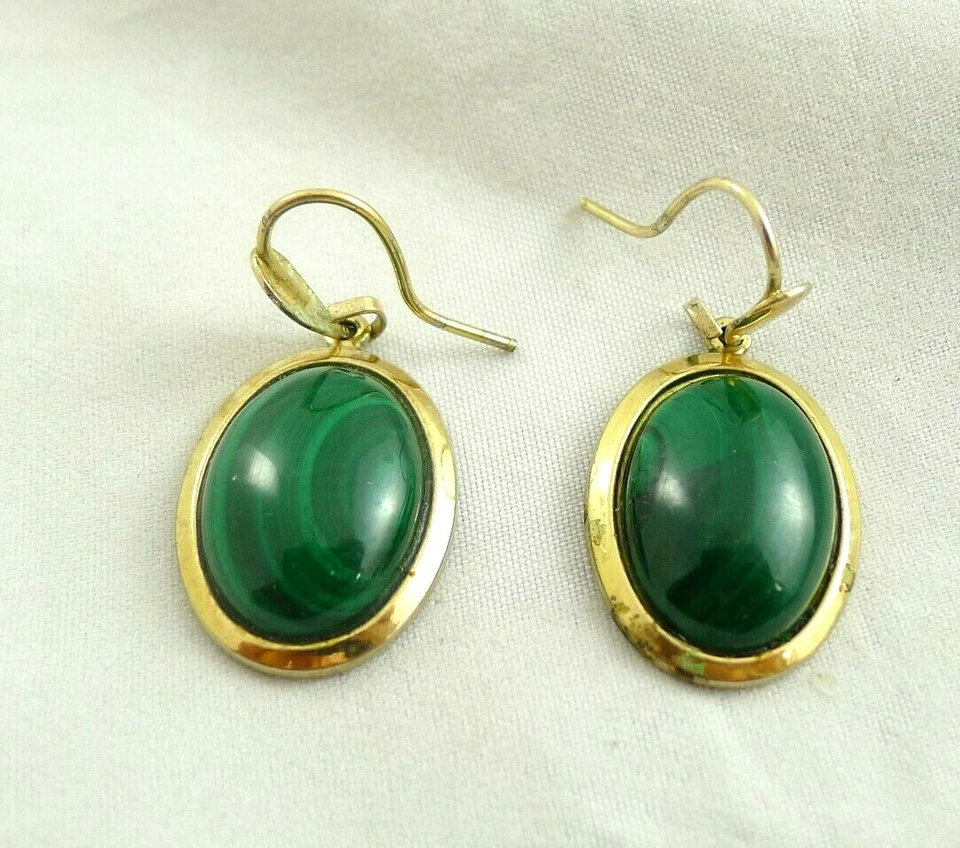 VINTAGE ORECCHINI MALACHITE CABOCHON   ARGENTO 800 POSSIBILE PARURE - Immagine 1 di 3