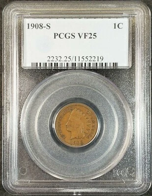 1908-S Indian Head Cent PCGS VF25 2232.25/11552219 Exquisite Coin Rare - Image 1 of 4