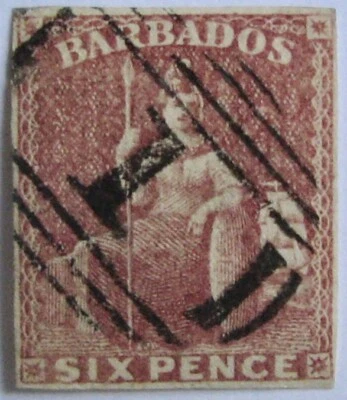 1859 BARBADOS #8: VF Used 6p early 'Britannia' issue - 4 margins, no thins! - Image 1 of 2