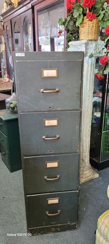 ~Antique SHAWN-WALKER Army Green WOOD 4 Drawer Filing Cabinet~BRASS Pulls Cover